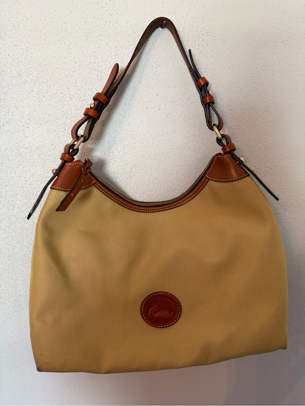 Dooney & Bourke Tan Nylon Hobo with Brown Leather Trim